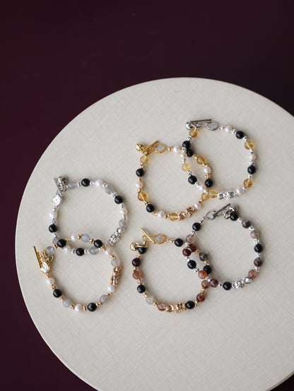 Labradorite, Citrine & Black Gold Super 7 Pixiu Crystal Bracelet — 6mm (OT Clasp, Elastic)