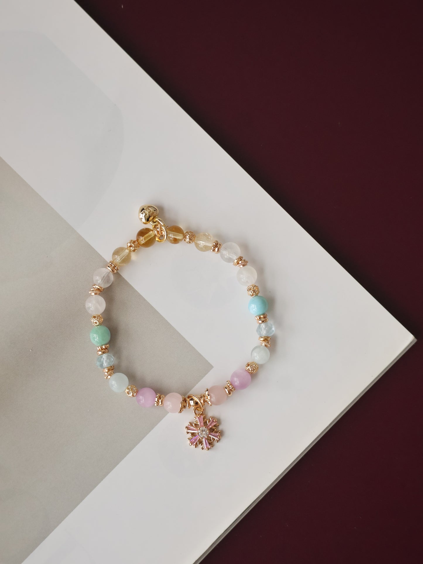 Aquamarine, Blue Topaz, Rose Quartz, Kunzite, White Phantom Quartz, Citrine & Moonstone — Eira Pastel Duobao Bracelet with Snowflake Charm | 6mm (Elastic)