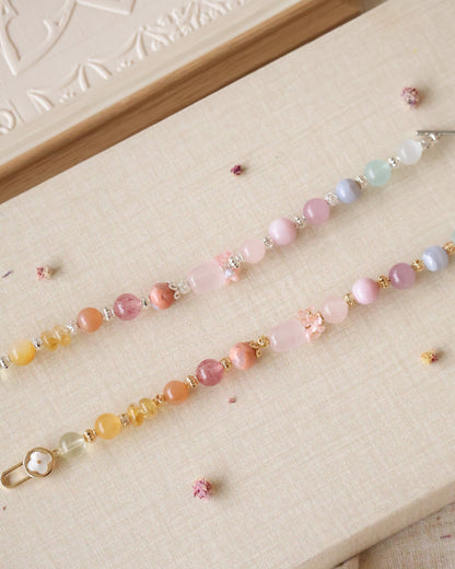 Cat’s Eye, Blue Lace Agate, Aquamarine, Lavender Rose Quartz, Kunzite, Flower Agate, Rose Quartz, Peach Moonstone, Strawberry Quartz, Citrine, Andesine Labradorite & Lemon Quartz — Bloomelle Duobao (Multi Gems) | 8mm (Elastic, OT Clasp)
