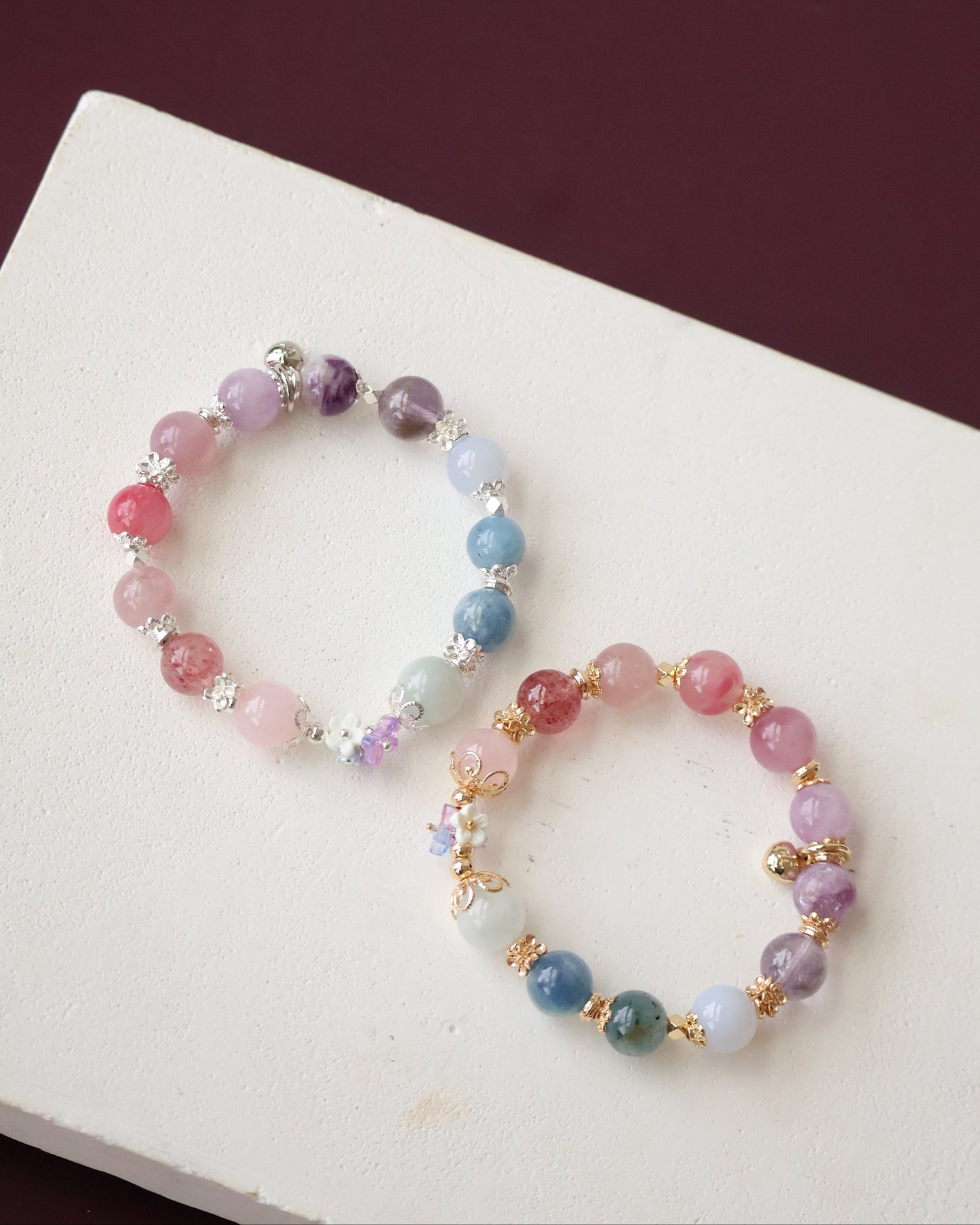 Rose Quartz, Strawberry Quartz, Pink Purple Emerald Mica, Lavender Rose Quartz, Amethyst, Purple Emerald Mica, Kunzite, Blue Chalcedony, Devil Blue Aquamarine, Blue Kyanite & Milky Aquamarine — Duobao (Multi Gems) with Bouquet | 10mm (Elastic)