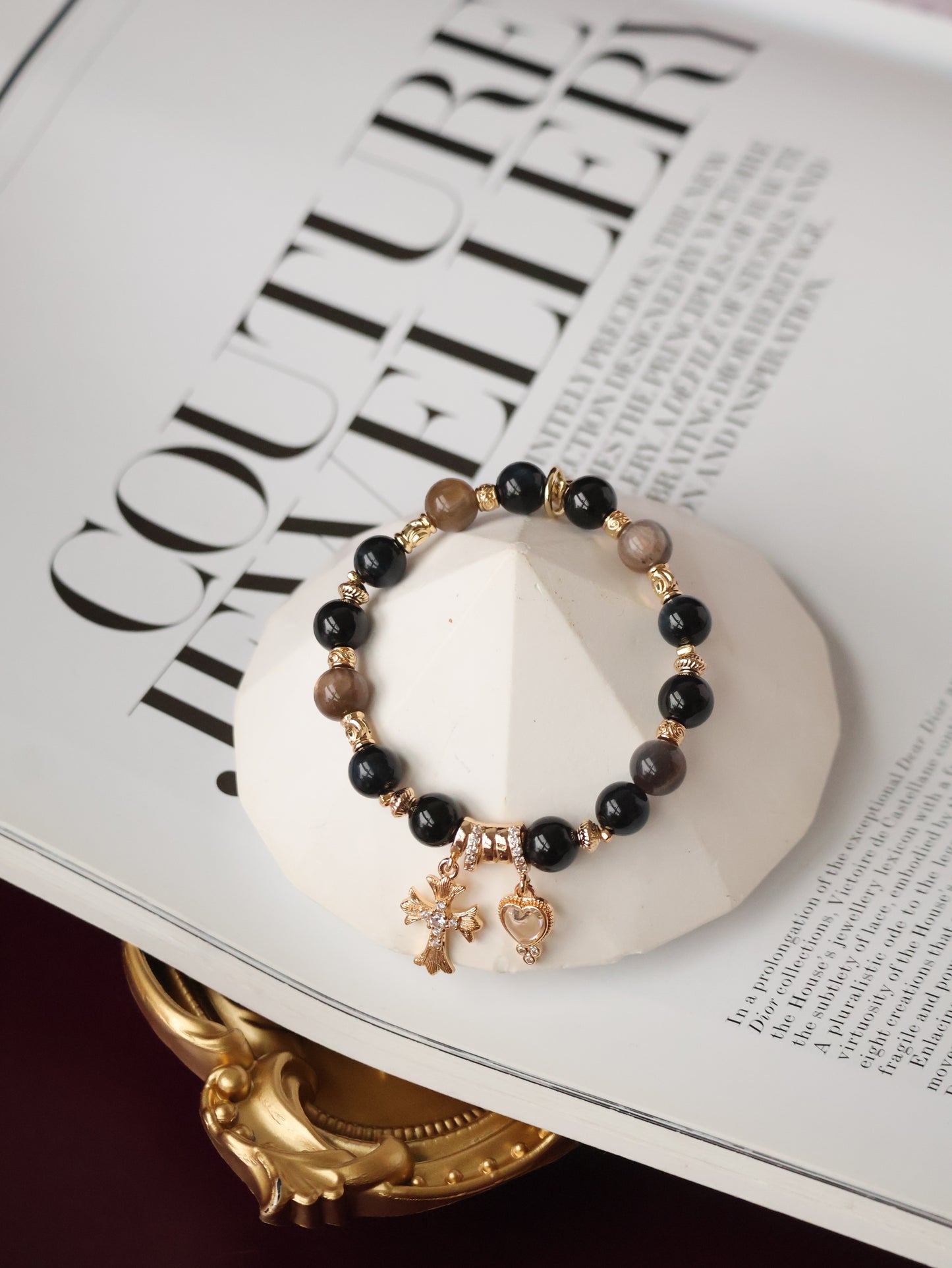 Black Tourmaline, Blue Tiger’s Eye & Black Gold Skeletal Sunstone Crystal Bracelet — Cross x Heart | 8mm (Elastic)
