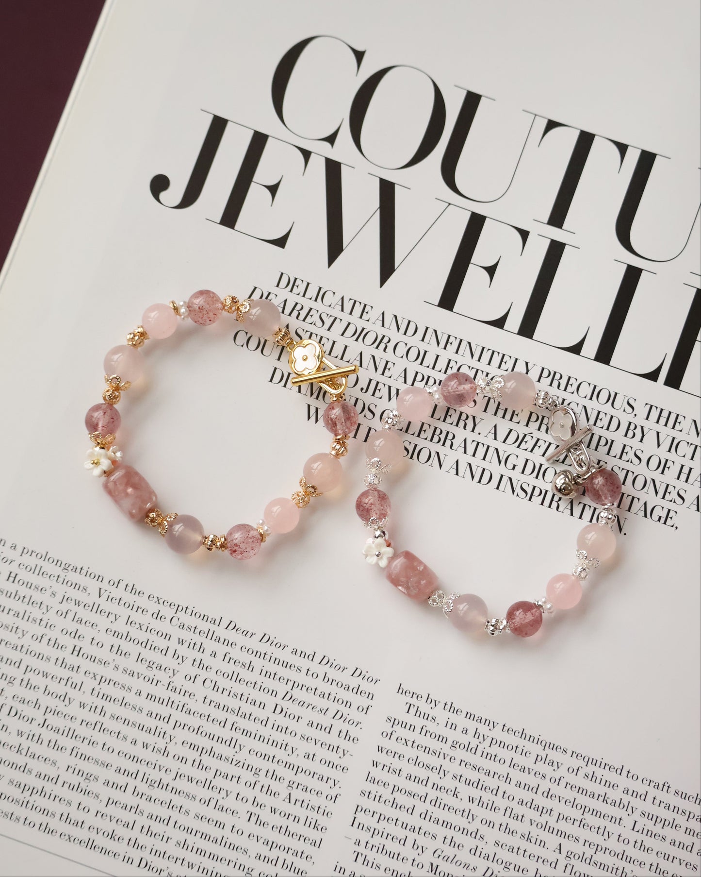Pink Chalcedony, Pink Purple Emerald Mica, Rose Quartz & Strawberry Quartz Crystal Bracelet — Flutter Shy | 8mm (OT Clasp, Elastic)