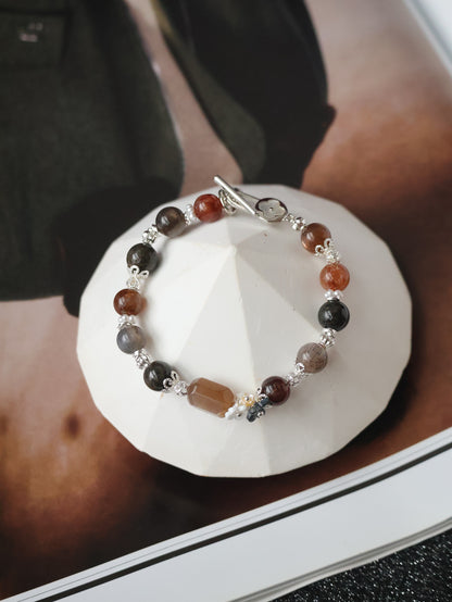 *Instocks* Cocoa - 8mm Garden Quartz, Black Gold Skeletal Sunstone and Black Gold Super 7 w Bouquet & OT Clasp