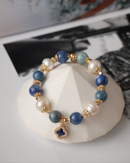 *Instocks* 8+10mm Cordelia Twin with Sparkly Clover: Blue Kyanite, Fresh Water Pearls & Devil Eye Aquamarine