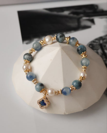 *Instocks* 8+10mm Cordelia Twin with Sparkly Clover: Blue Kyanite, Fresh Water Pearls & Devil Eye Aquamarine