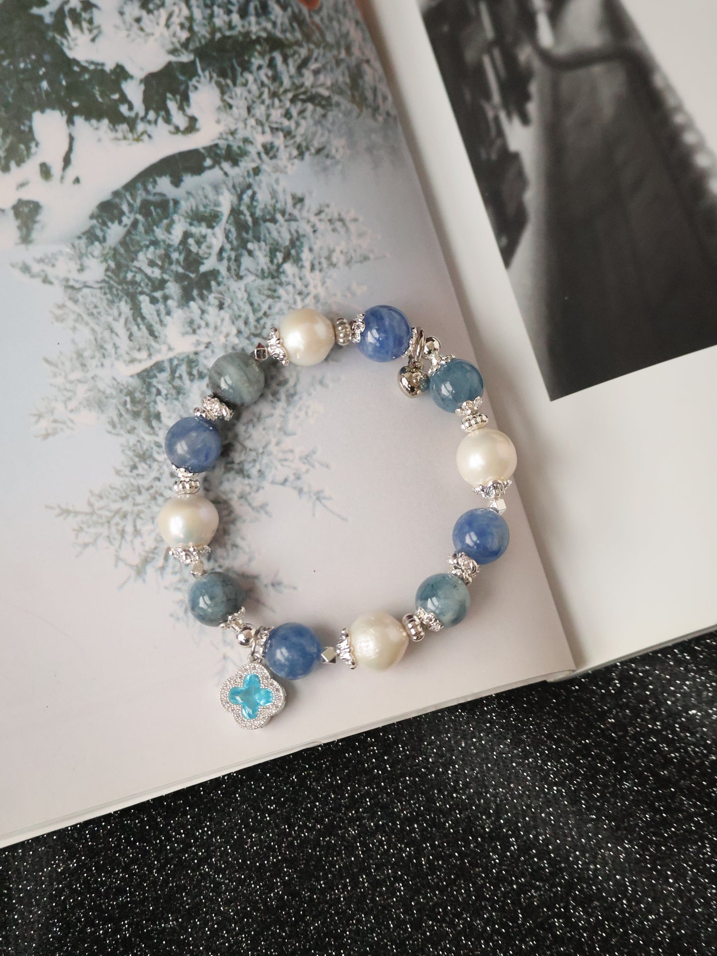 *Instocks* 8+10mm Cordelia Twin with Sparkly Clover: Blue Kyanite, Fresh Water Pearls & Devil Eye Aquamarine