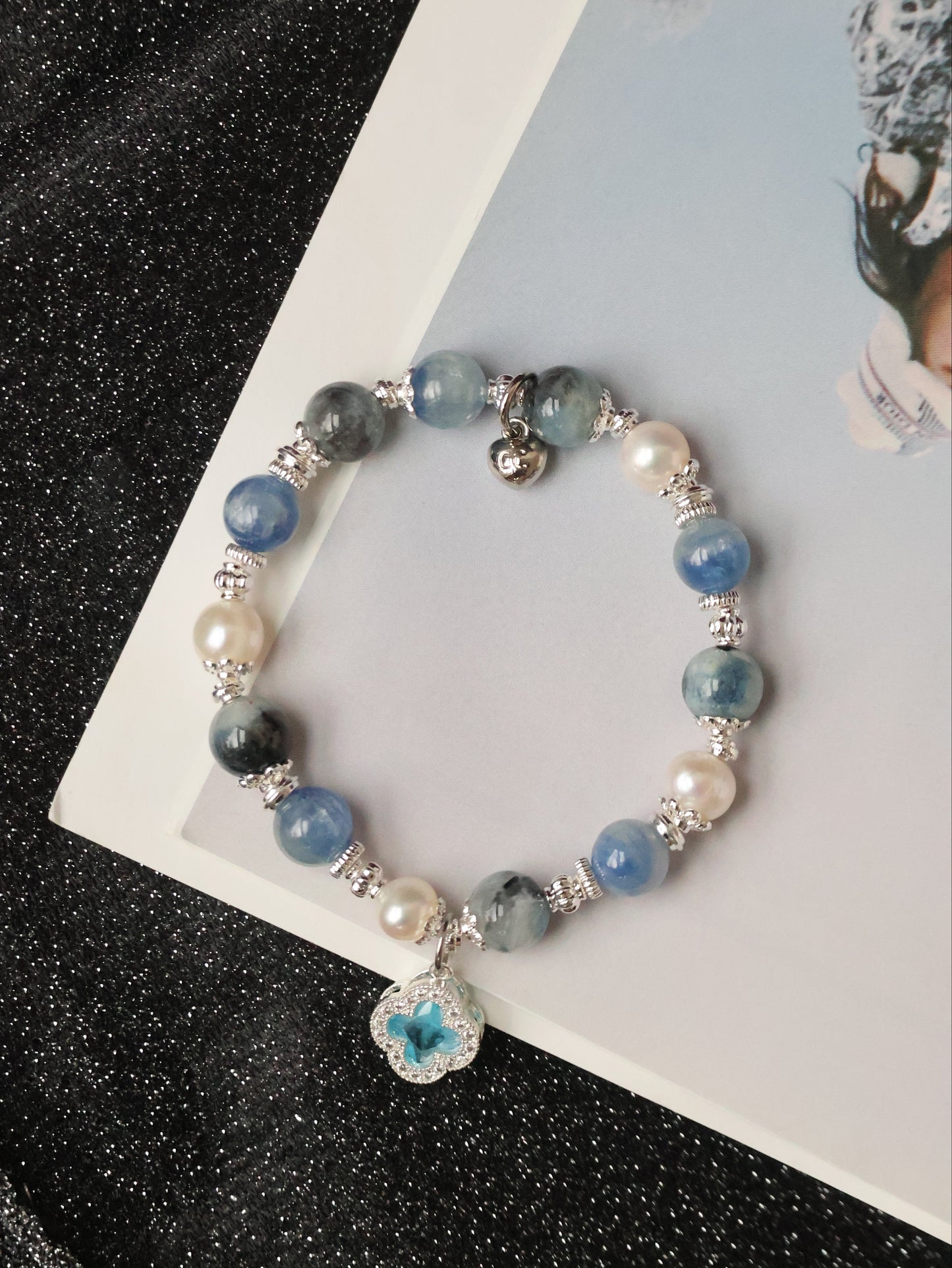 *Instocks* 8+10mm Cordelia Twin with Sparkly Clover: Blue Kyanite, Fresh Water Pearls & Devil Eye Aquamarine