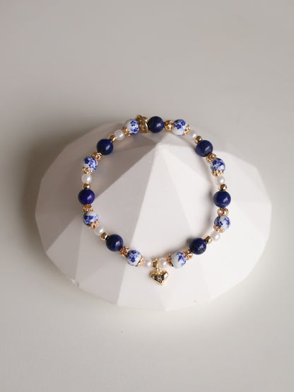 Lapis Lazuli with Heart Dangly — Chinese Porcelain Inspired | 6mm (Elastic)