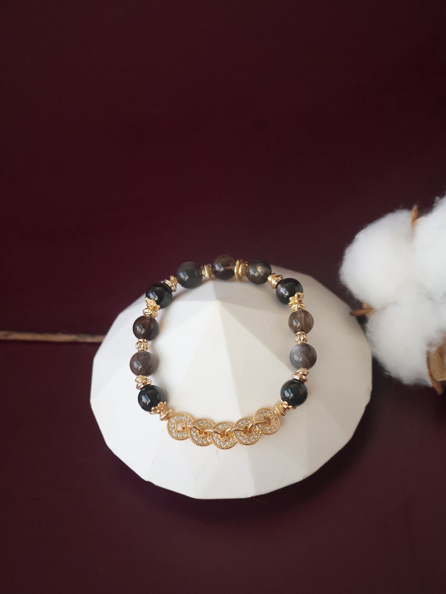 Hypersthene, Smoky Quartz & Black Skeletal Sunstone Crystal Bracelet — Fengshui Coins Vincere | 8mm (Elastic)