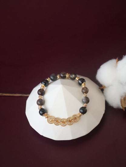 Hypersthene, Smoky Quartz & Black Skeletal Sunstone Crystal Bracelet — Fengshui Coins Vincere | 8mm (Elastic)