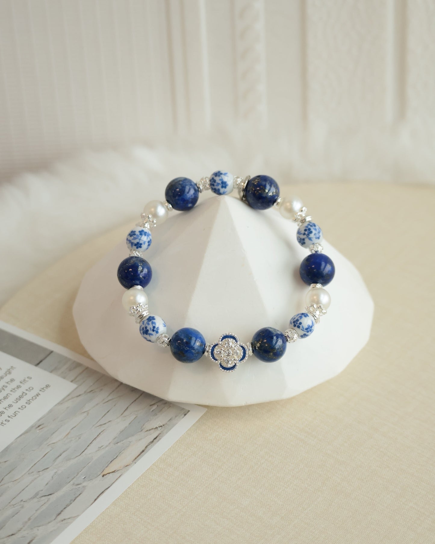 *Instocks* Chinese Porcelain Inspired - 10mm Lapis Lazuli (String Through Clover Charm)