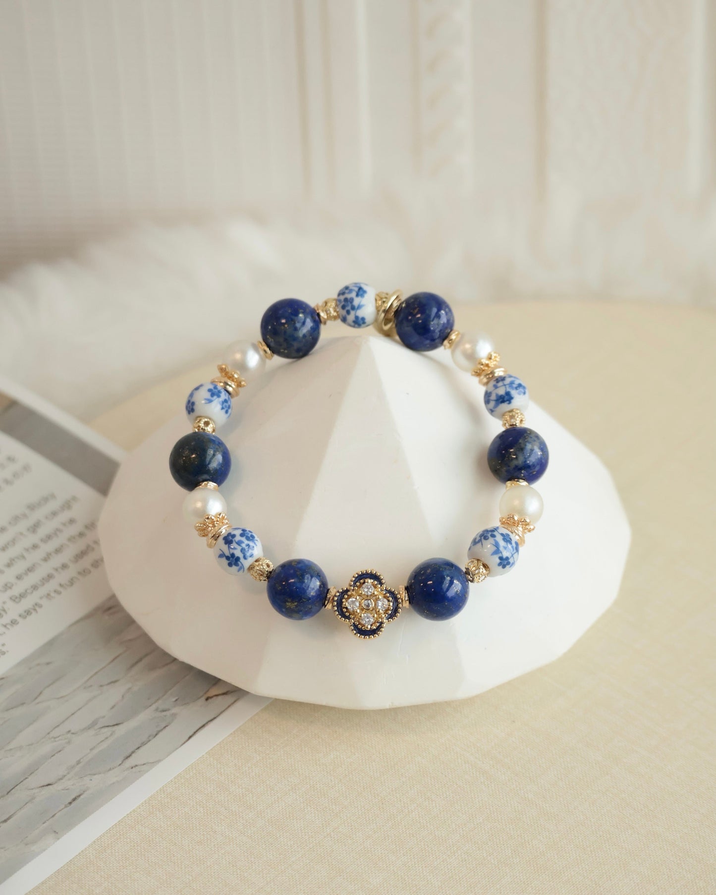 *Instocks* Chinese Porcelain Inspired - 10mm Lapis Lazuli (String Through Clover Charm)