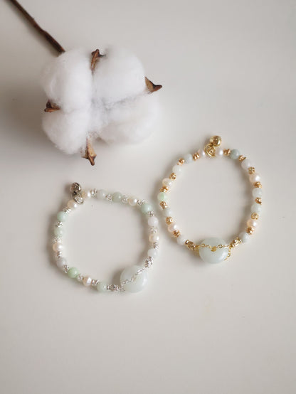 Green Jadeite & Freshwater Pearls — Ping An Kou Stacker | 6mm (Elastic)