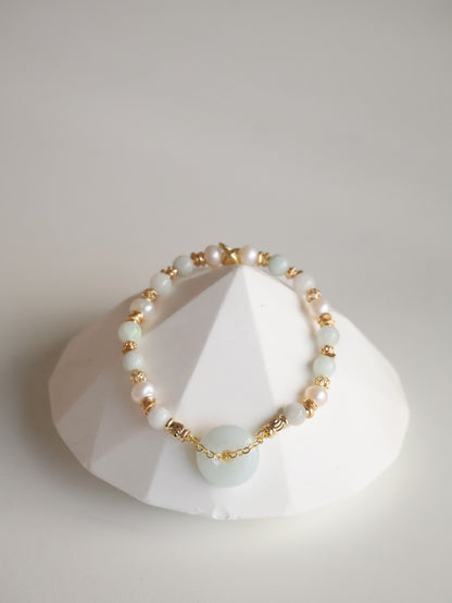 Green Jadeite & Freshwater Pearls — Ping An Kou Stacker | 6mm (Elastic)