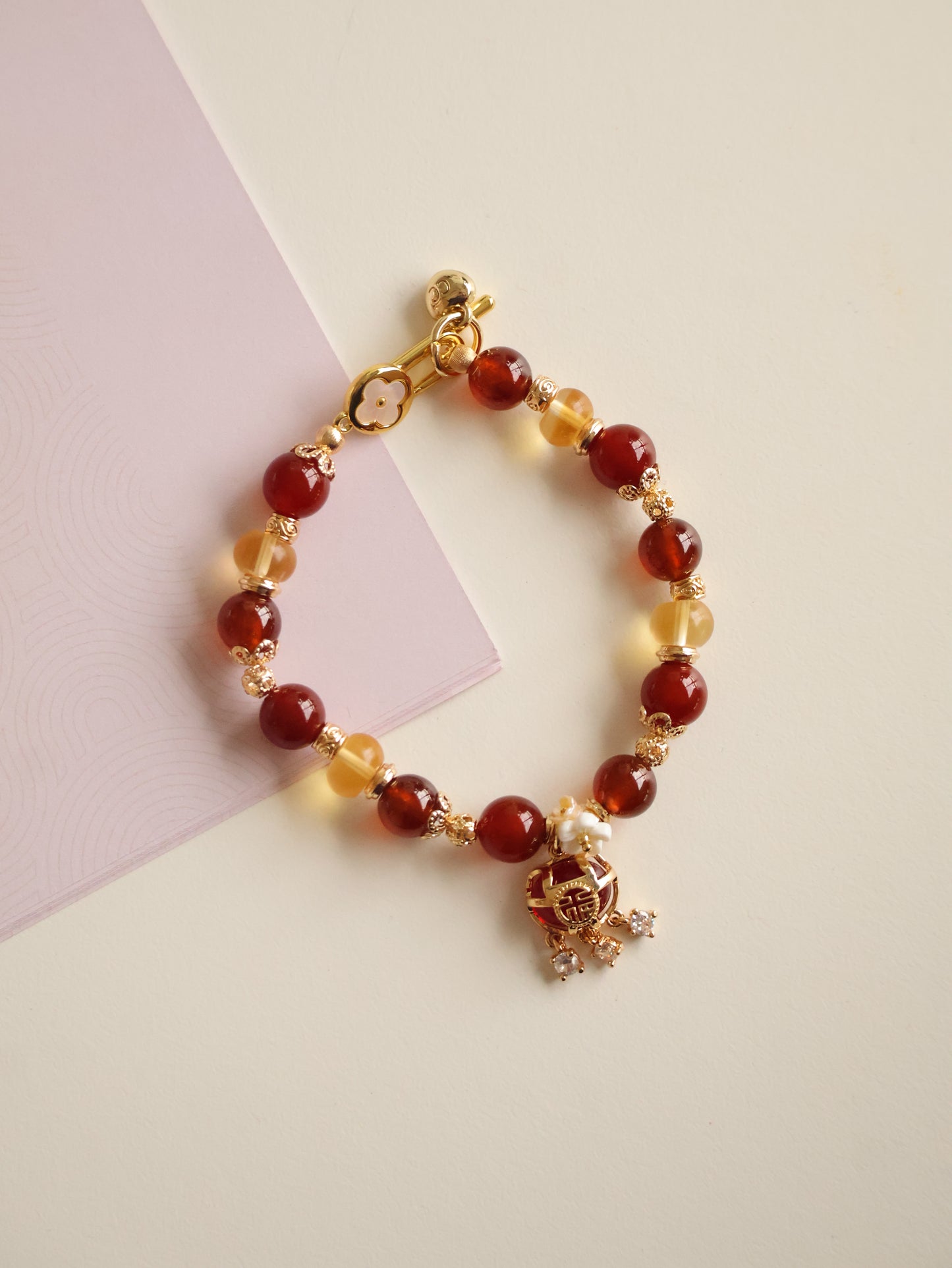 *Instocks* Moni Pouch - 8mm Carnelian, Garnet, Citirine with 聚宝盆 Dangly Charm (Elastic)