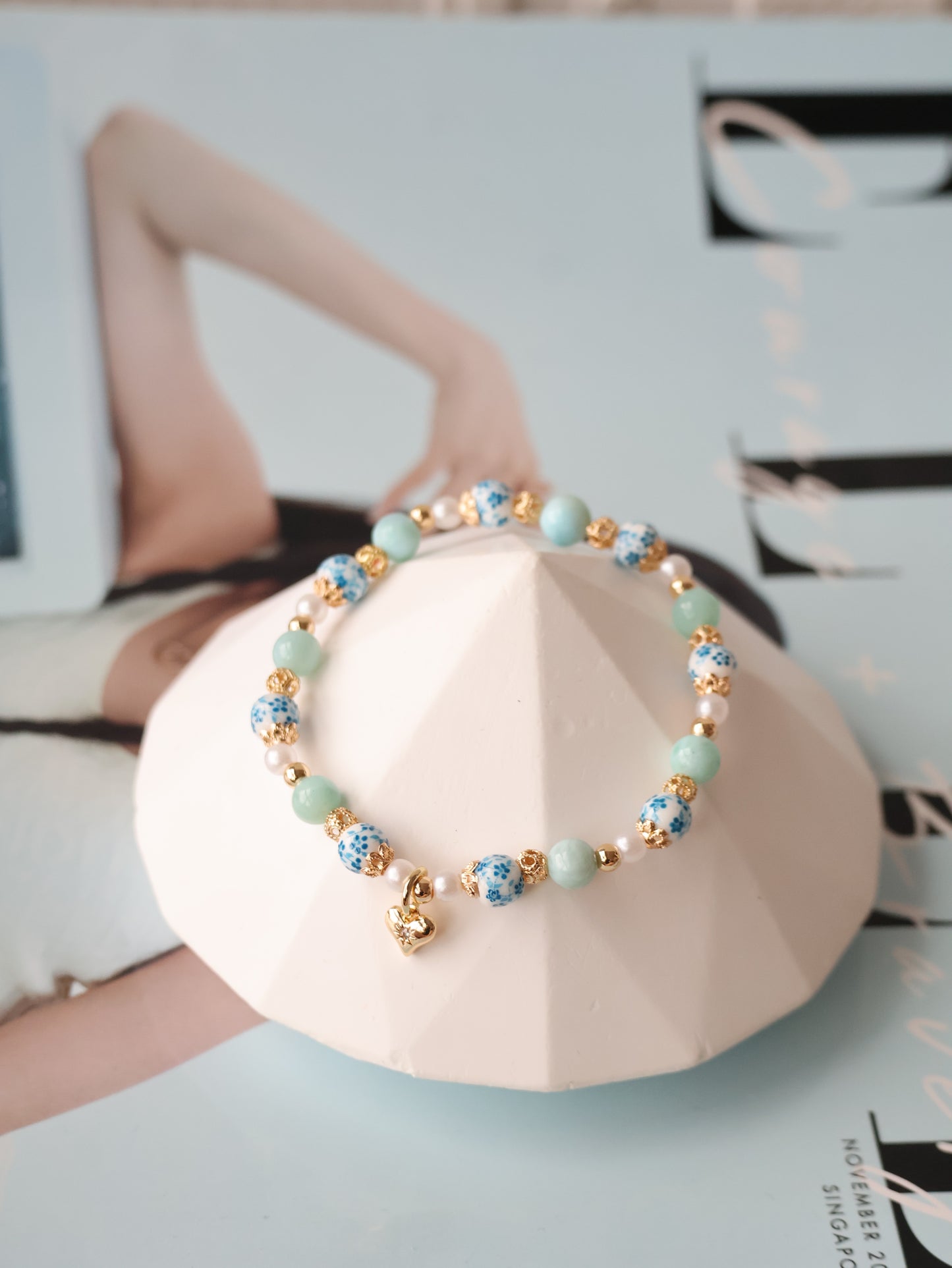 Larimar with Heart Dangly — Chinese Porcelain Inspired | 6mm (Elastic)