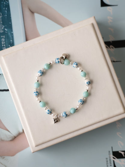 Larimar with Heart Dangly — Chinese Porcelain Inspired | 6mm (Elastic)
