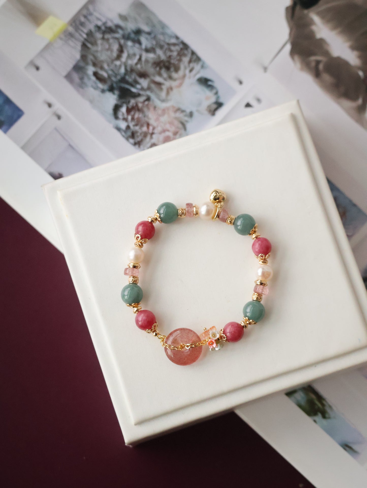 Blue Water Jadeite, Rhodonite, Fresh Water Pearl, Strawberry Quartz Ping An Kou — Mia | 6mm (Elastic)