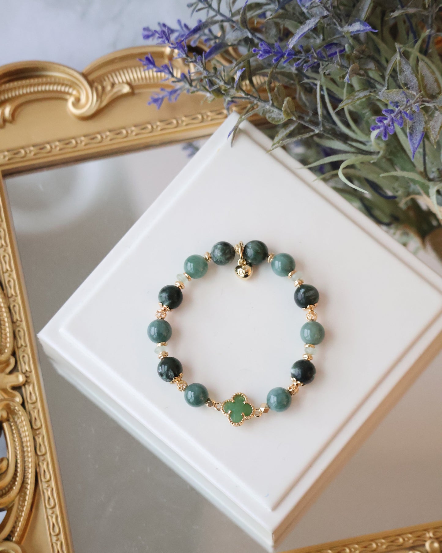 Blue Water Jadeite, Seraphinite & Green Aventurine with Clover — Viridian | 8mm (Elastic)