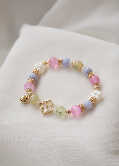 *Instocks* Prehnite, Pink Satin Spar & Blue Lace Agate with MOP Clover Natural Crystal Bracelet (Elastic)