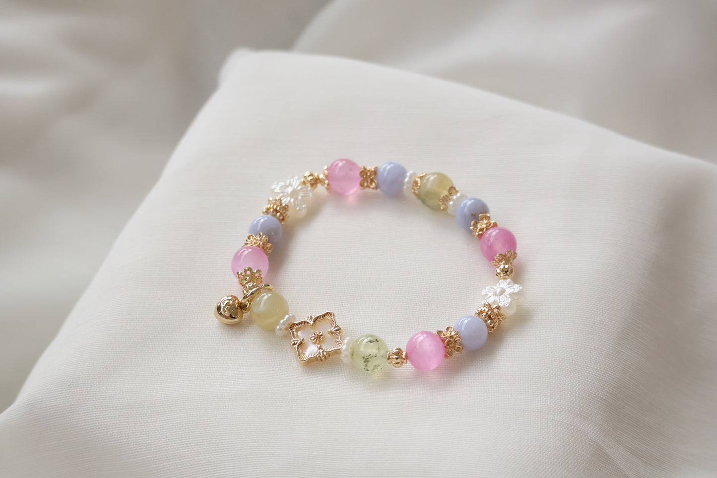 *Instocks* Prehnite, Pink Satin Spar & Blue Lace Agate with MOP Clover Natural Crystal Bracelet (Elastic)