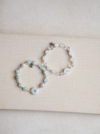 Aquamarine Faceted, Green Jadeite & Green Aventurine —  Green Jadevie Ping An Kou | 8mm (Elastic)