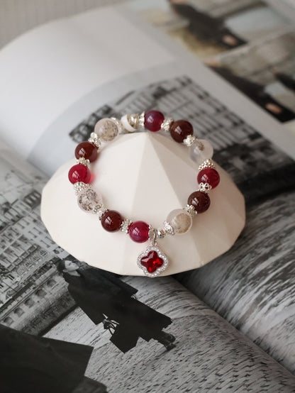 Dendrite Rose Quartz, Garnet & Red Star Ruby with Sparkly Clover — Cordelia Twin | 10mm (Elastic)