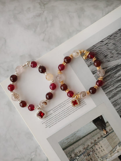 Dendrite Rose Quartz, Garnet & Red Star Ruby with Sparkly Clover — Cordelia Twin | 10mm (Elastic)