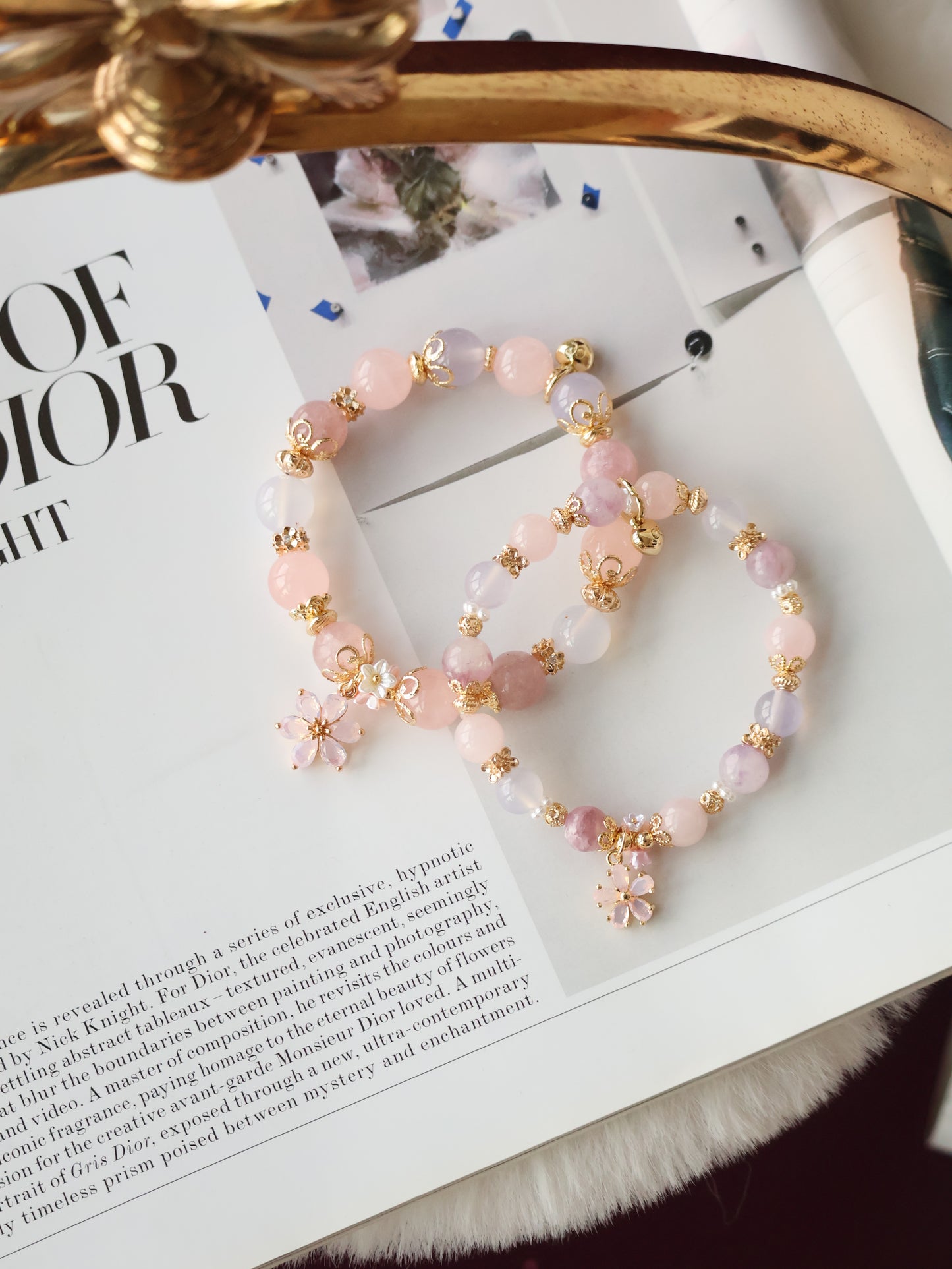 Pink Purple Emerald Mica, Lilac Chalcedony & Rose Quartz with Pink Flower & Mini Flower Bouquet — Blooming Bouquet | 8mm / 10mm (Elastic)