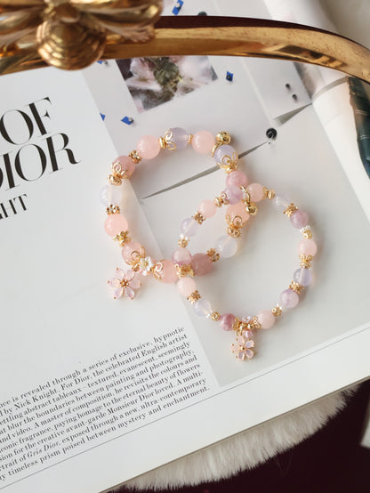 Pink Purple Emerald Mica, Lilac Chalcedony & Rose Quartz with Pink Flower & Mini Flower Bouquet — Blooming Bouquet | 8mm / 10mm (Elastic)