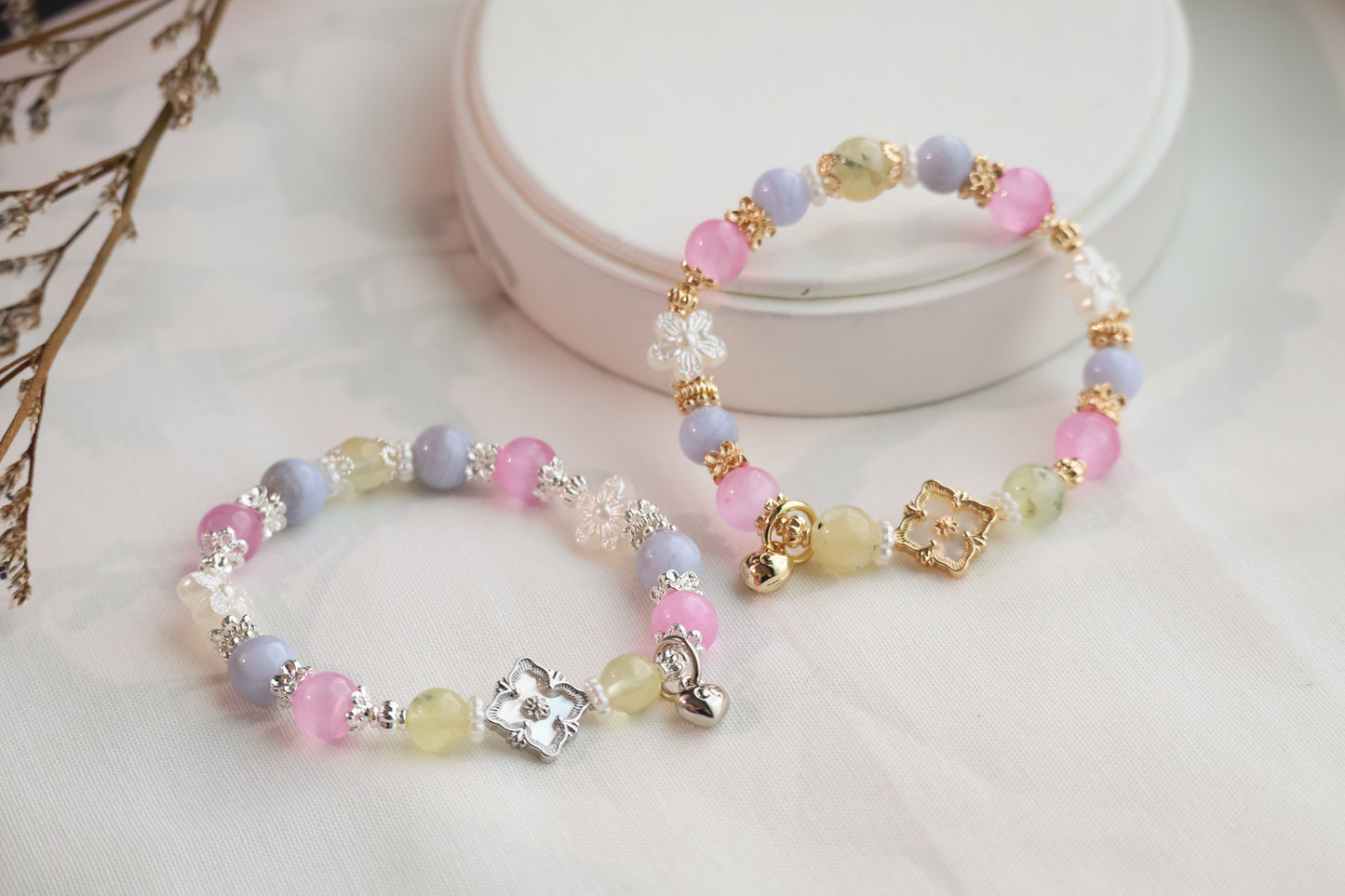 *Instocks* Prehnite, Pink Satin Spar & Blue Lace Agate with MOP Clover Natural Crystal Bracelet (Elastic)