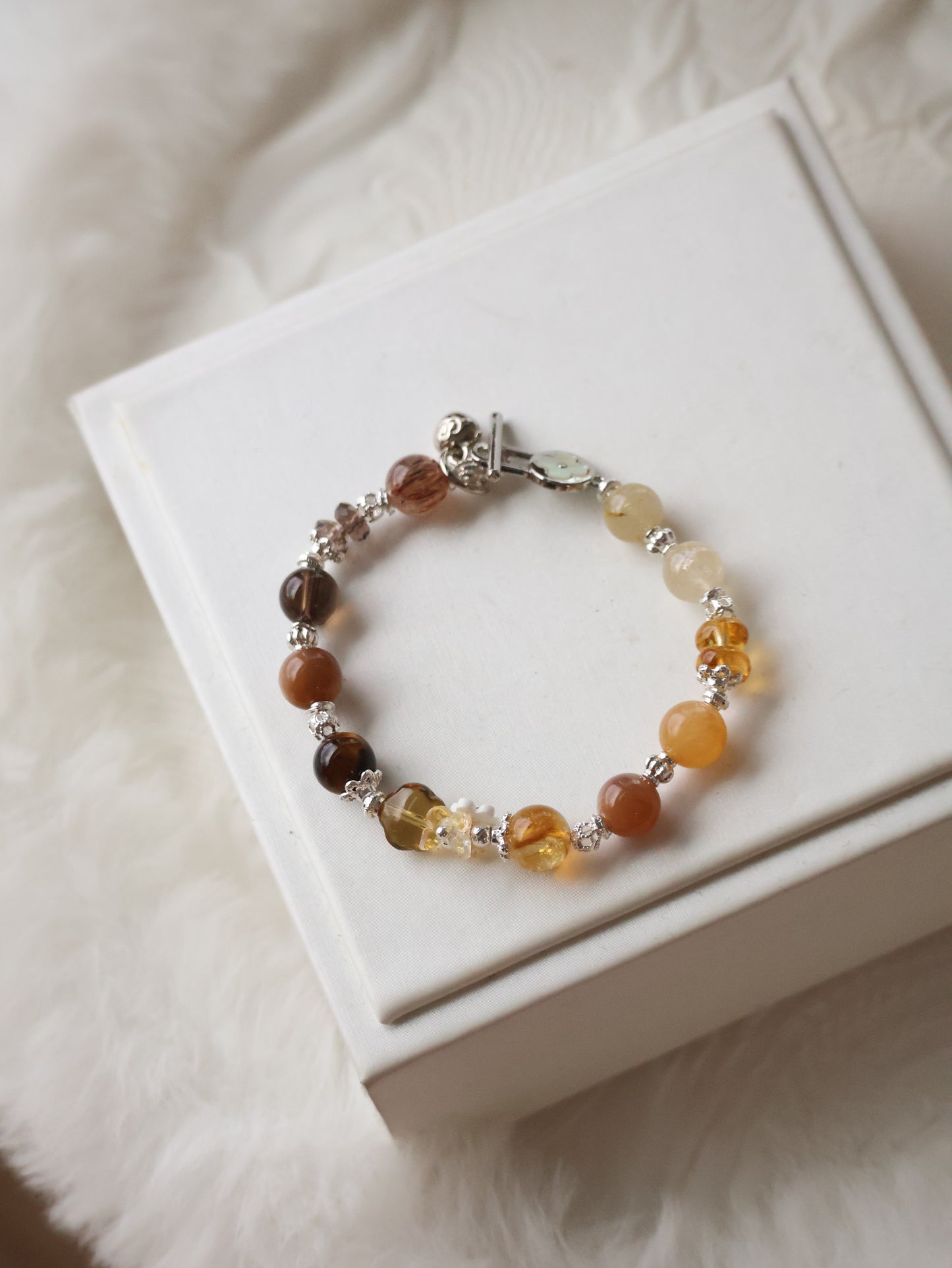 Smoky Citrine Flower Carving Multigem (Duobao) Crystal Bracelet — Castella | 8mm (OT Clasp, Elastic)