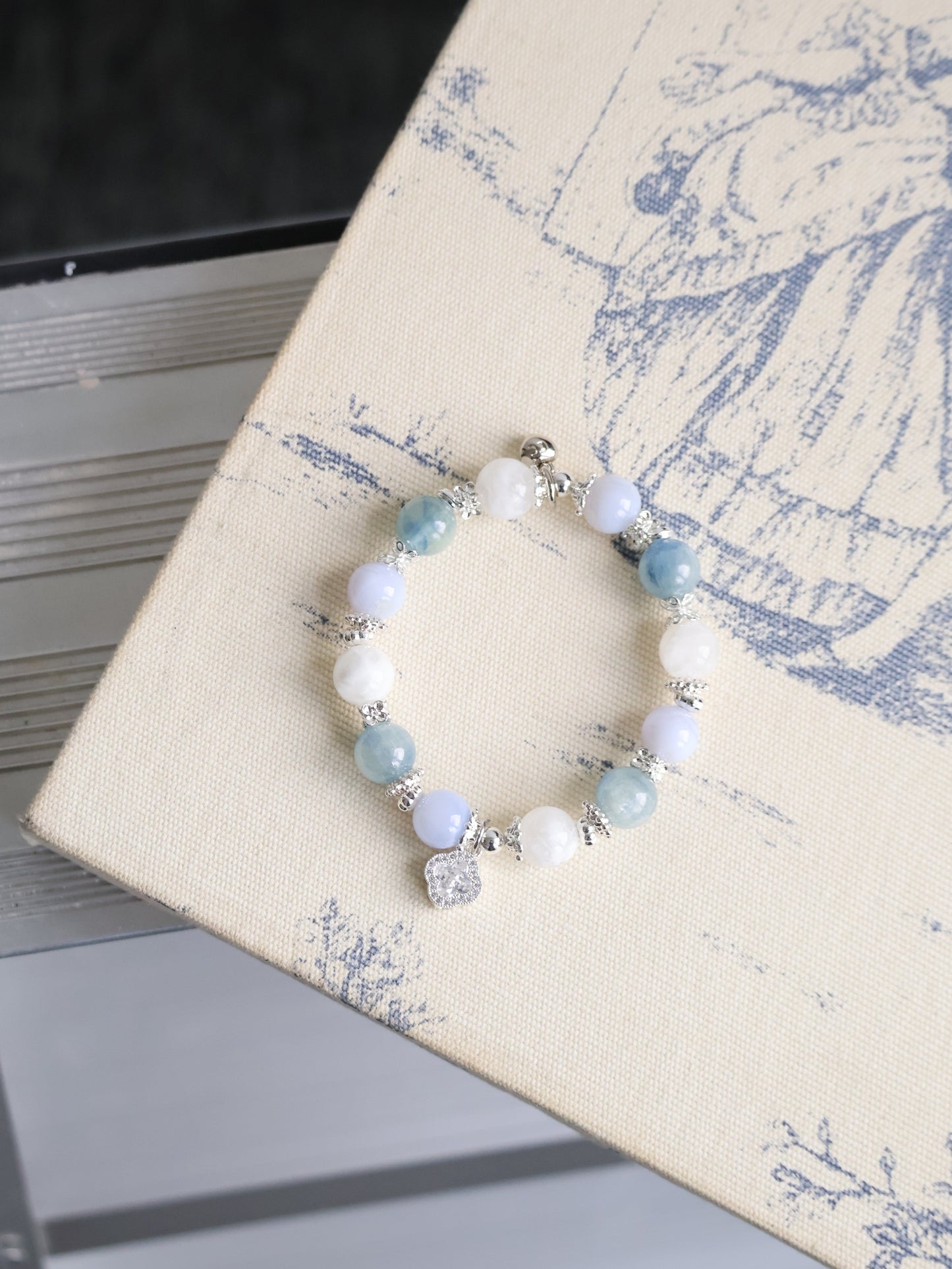 Blue Kyanite, Blue Lace Agate & White Phantom Quartz with Sparkly Clover — Monet Cordelia Twin Crystal Bracelet | 10mm (Elastic)