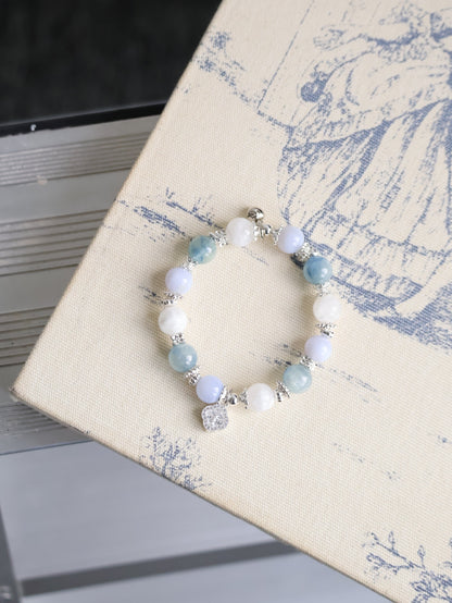 Blue Kyanite, Blue Lace Agate & White Phantom Quartz with Sparkly Clover — Monet Cordelia Twin Crystal Bracelet | 10mm (Elastic)