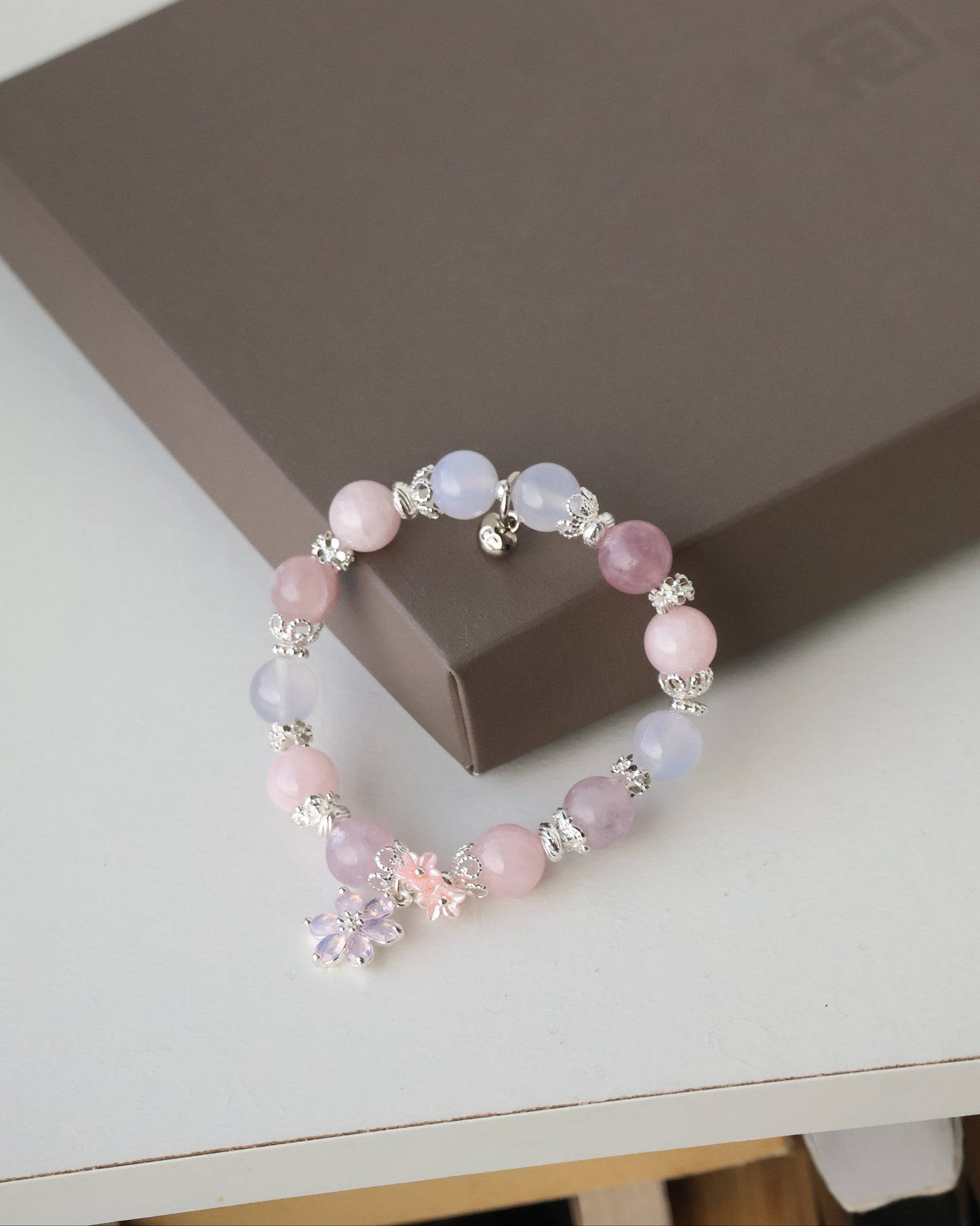 Pink Purple Emerald Mica, Lilac Chalcedony & Rose Quartz with Pink Flower & Mini Flower Bouquet — Blooming Bouquet | 8mm / 10mm (Elastic)