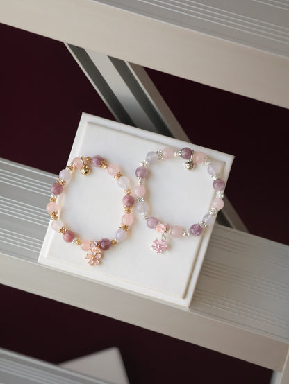 Pink Purple Emerald Mica, Lilac Chalcedony & Rose Quartz with Pink Flower & Mini Flower Bouquet — Blooming Bouquet | 8mm / 10mm (Elastic)