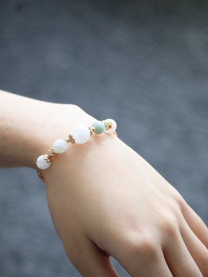 Green Jadeite & White Phantom Quartz Crystal Bracelet Bangle — Orianna Bangles Series | 8mm (Elastic)
