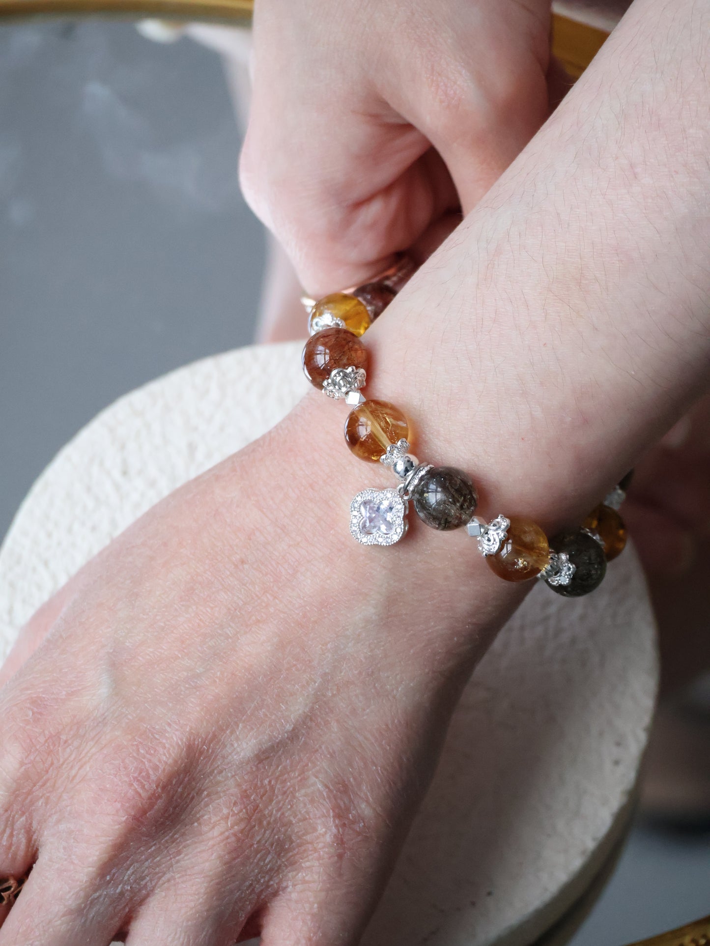 Citrine & Black Gold Super 7 Crystal Bracelet — Cordelia Twin Sparkly Clover | 8mm + 10mm (Elastic)