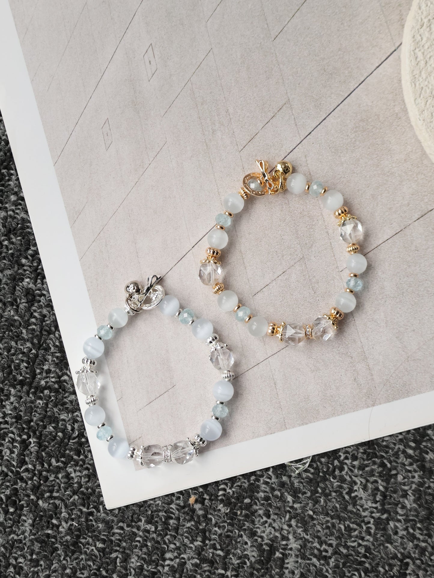 Blue Topaz Faceted Rondelle, Clear Quartz & Cat’s Eye Crystal Bracelet — Crystelle | 8mm (Elastic)