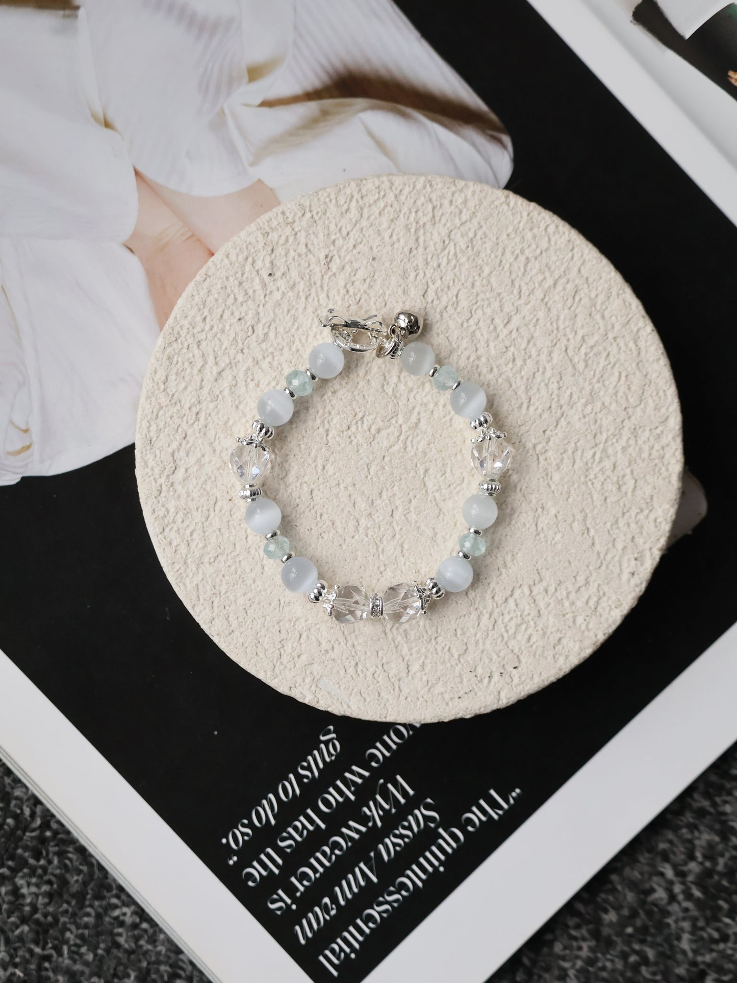 Blue Topaz Faceted Rondelle, Clear Quartz & Cat’s Eye Crystal Bracelet — Crystelle | 8mm (Elastic)