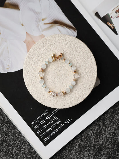 Blue Topaz Faceted Rondelle, Clear Quartz & Cat’s Eye Crystal Bracelet — Crystelle | 8mm (Elastic)