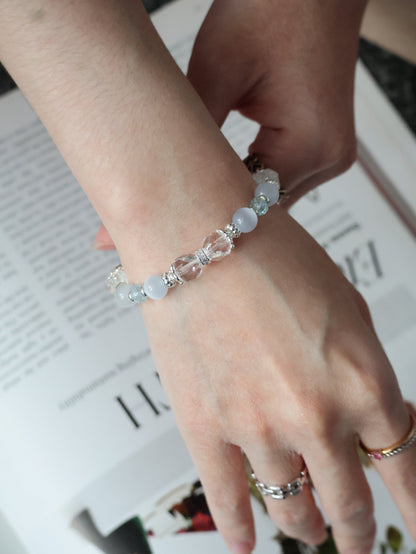 Blue Topaz Faceted Rondelle, Clear Quartz & Cat’s Eye Crystal Bracelet — Crystelle | 8mm (Elastic)
