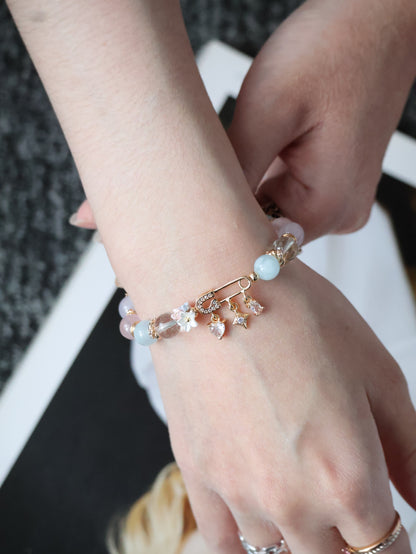 Rose Quartz, Lilac Chalcedony, Aquamarine & Green Phantom Quartz Crystal Bracelet — Genevieve | 8mm (Safety Pin Charm, Elastic)