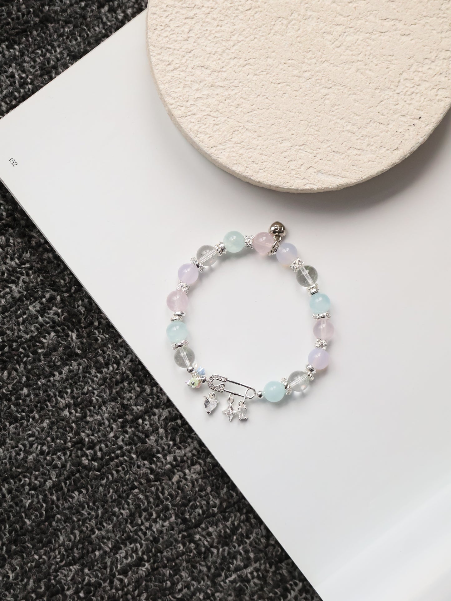 Rose Quartz, Lilac Chalcedony, Aquamarine & Green Phantom Quartz Crystal Bracelet — Genevieve | 8mm (Safety Pin Charm, Elastic)