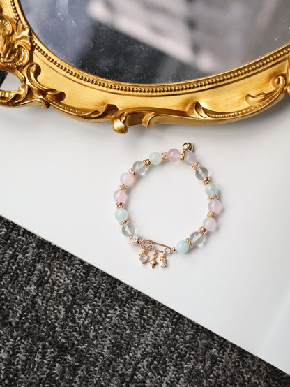 Rose Quartz, Lilac Chalcedony, Aquamarine & Green Phantom Quartz Crystal Bracelet — Genevieve | 8mm (Safety Pin Charm, Elastic)