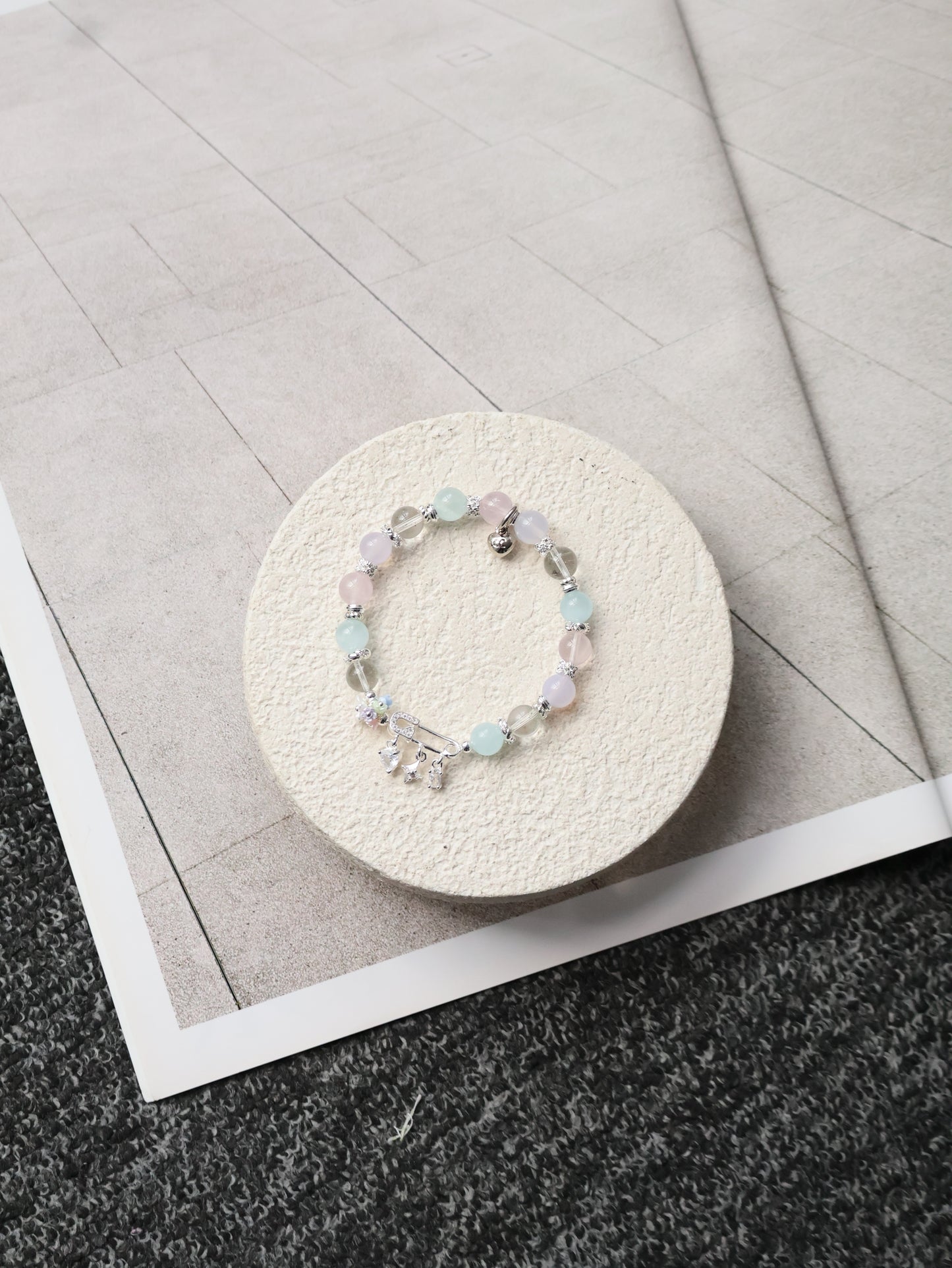 Rose Quartz, Lilac Chalcedony, Aquamarine & Green Phantom Quartz Crystal Bracelet — Genevieve | 8mm (Safety Pin Charm, Elastic)