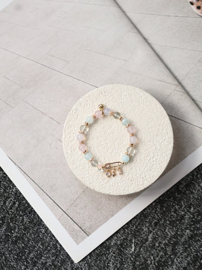 Rose Quartz, Lilac Chalcedony, Aquamarine & Green Phantom Quartz Crystal Bracelet — Genevieve | 8mm (Safety Pin Charm, Elastic)