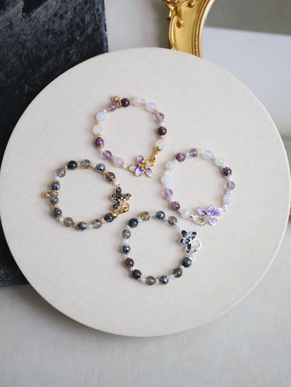 Black Strawberry Quartz, Hematite, Herkimer Diamond & Grey Tiger’s Eye — Plumeria Black | 8mm (Elastic, OT Clasp)