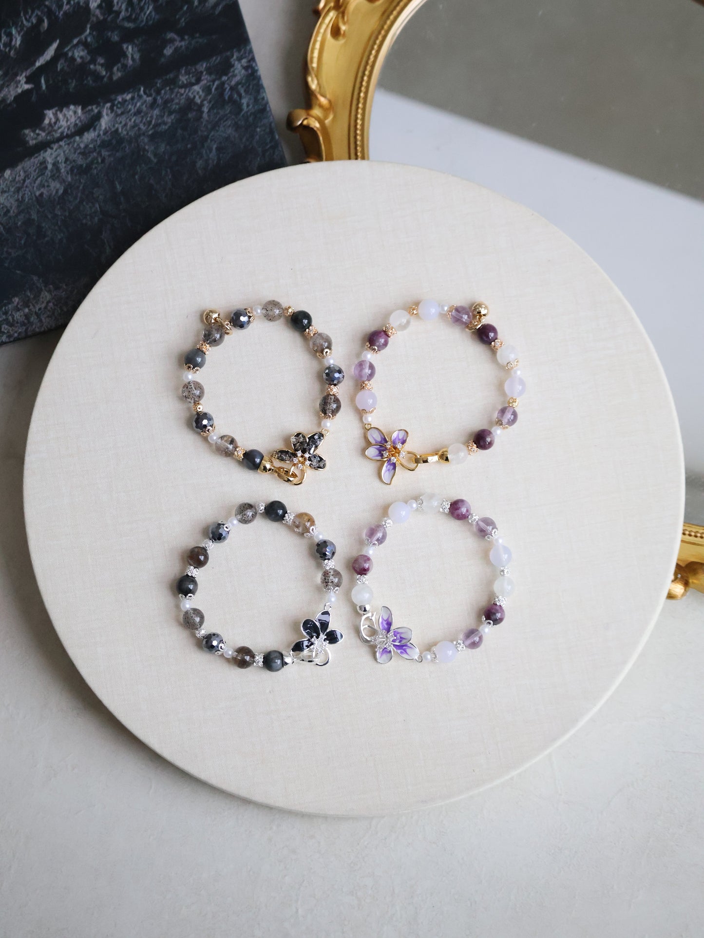 Black Strawberry Quartz, Hematite, Herkimer Diamond & Grey Tiger’s Eye — Plumeria Black | 8mm (Elastic, OT Clasp)