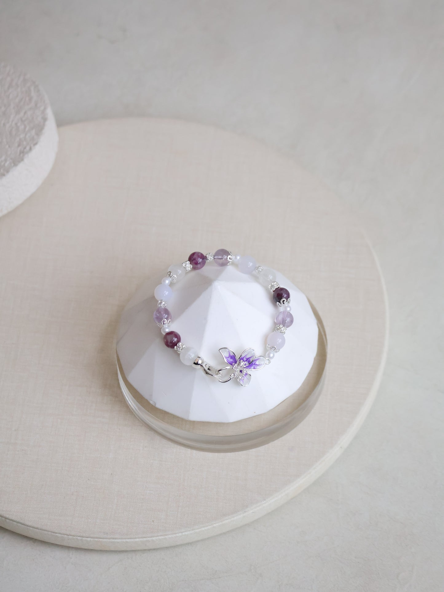 Unicorn Stone, White Phantom Quartz, Lilac Chalcedony & Amethyst — Plumeria Purple | 8mm (Elastic, OT Clasp)